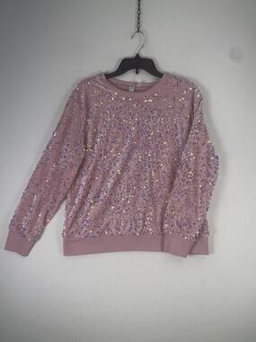 Cato Sweater Womens Medium Pink Sequin Velour Long Sleeve Crew Neck Pullover